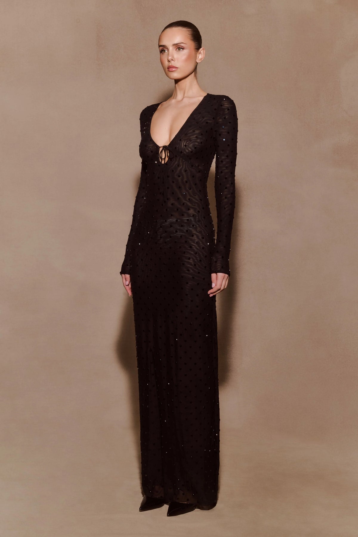 Acadia Diamante Long Sleeve Maxi Dress Black