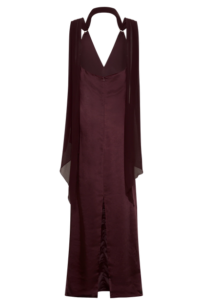 Myla Draped Shoulders Satin Maxi Dress Chocolate