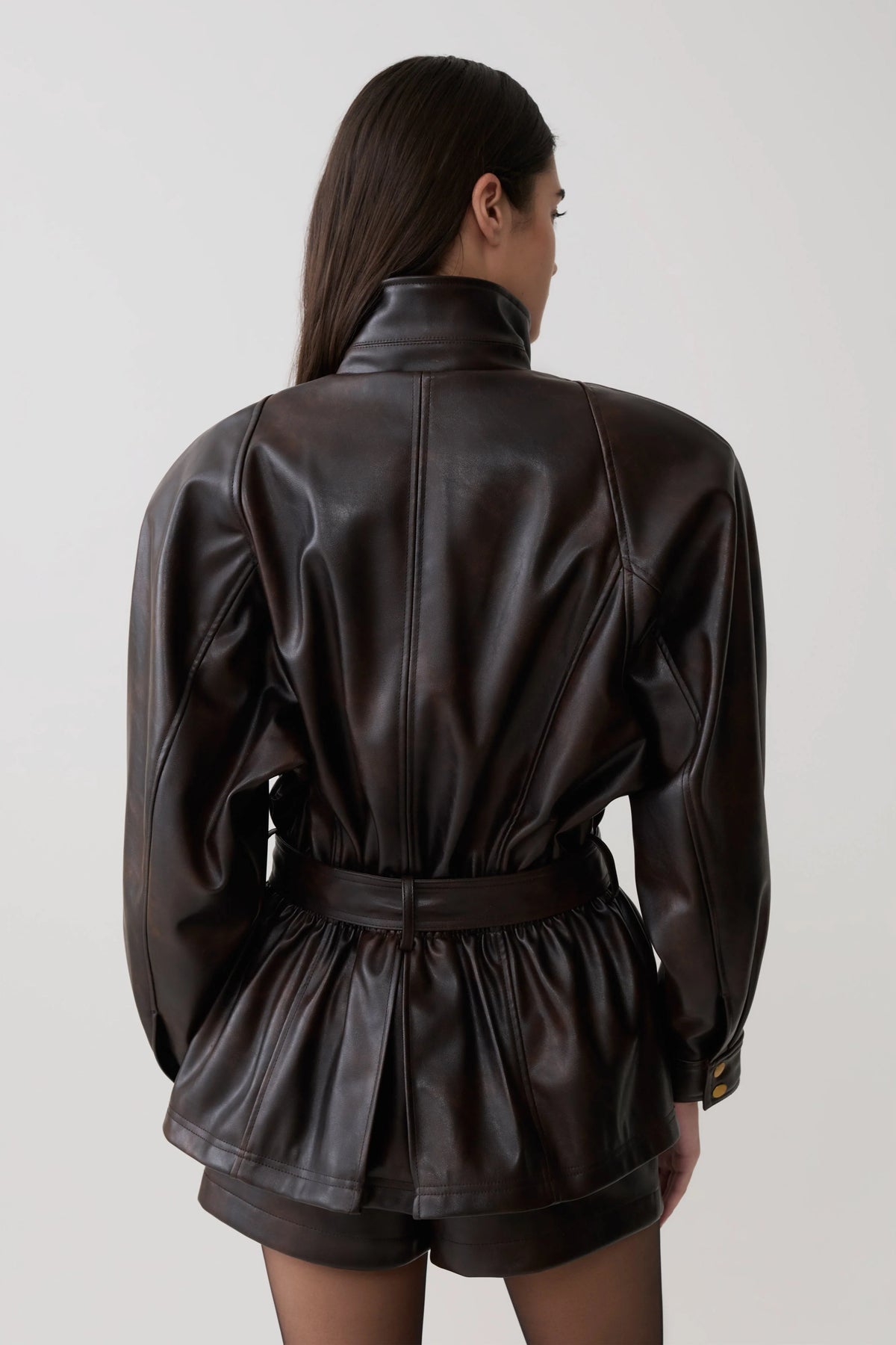 Adaline Faux Leather Cinch Waist Jacket Dark Chocolate