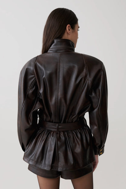 Adaline Faux Leather Cinch Waist Jacket Dark Chocolate
