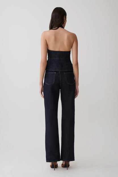Rema Halter Longline Denim Top Washed Indigo Blue