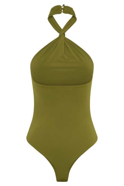 Bambi Twisted Neck Dry Jersey Bodysuit Martini Olive