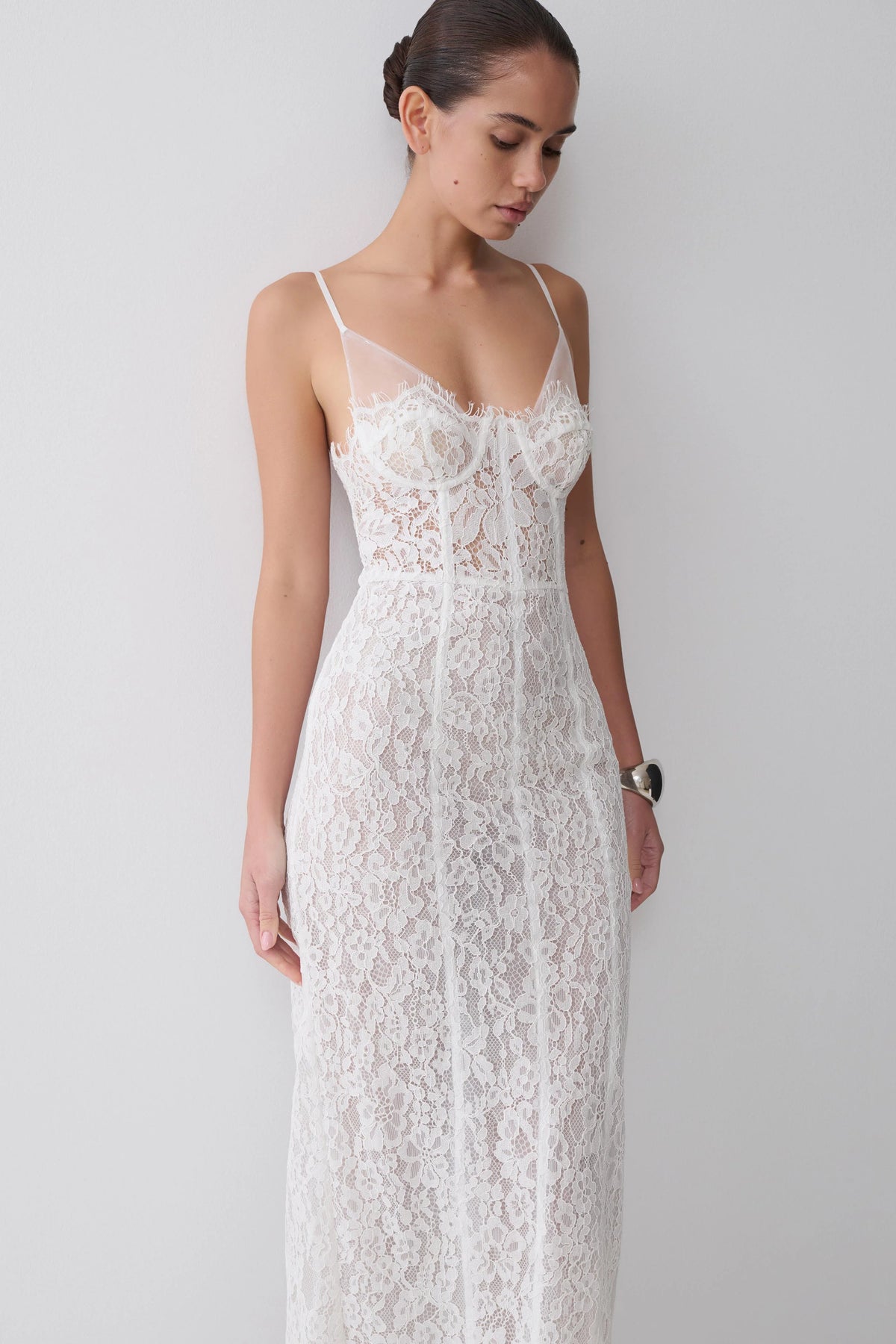 Ottilie Lace And Mesh Midi Dress White