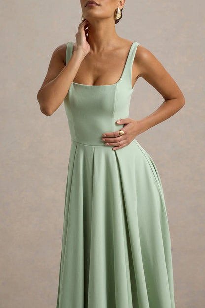 Parina Light Green Strappy Volume Hem Midi Dress