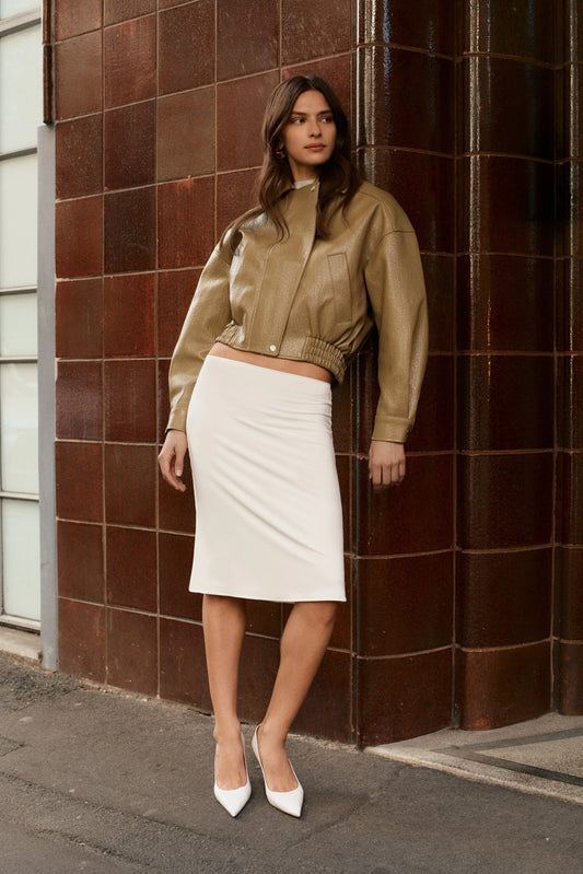 Paige Faux Leather Cropped Jacket Beige