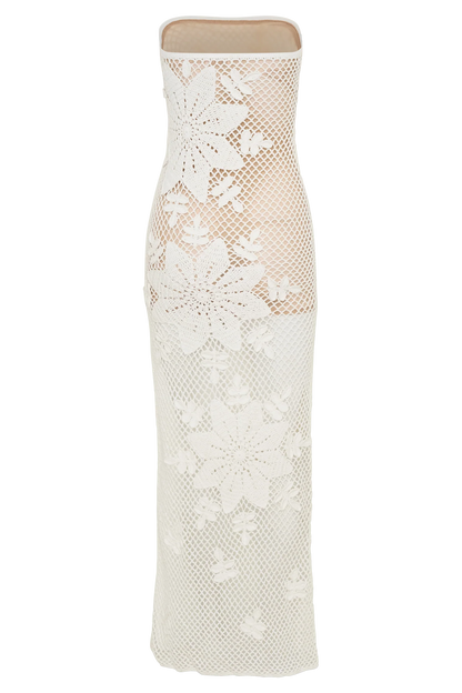 Mandie Hand Crochet Asymmetrical Maxi Dress White