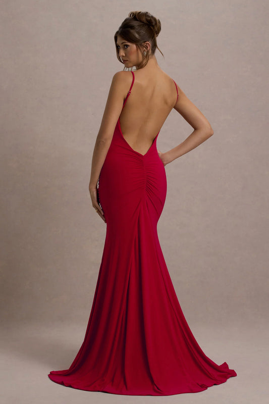 Adele Red Ruched Fishtail Cami Maxi Dress