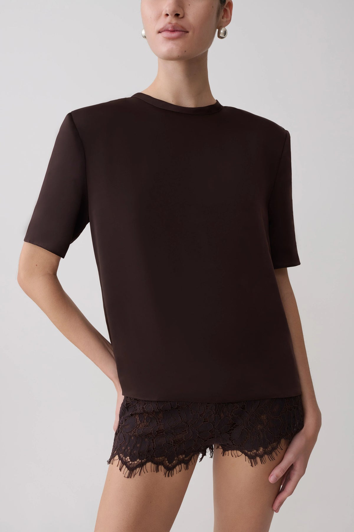 Harlyn Shoulder Pad Short Sleeve Satin Top Dark Chocolate