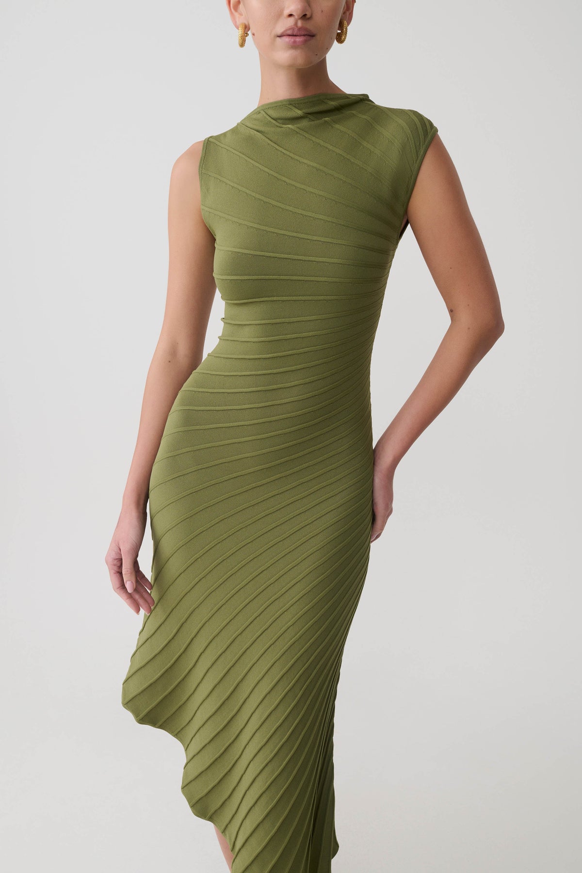 Milasandra Pleated Knit Dress Olive