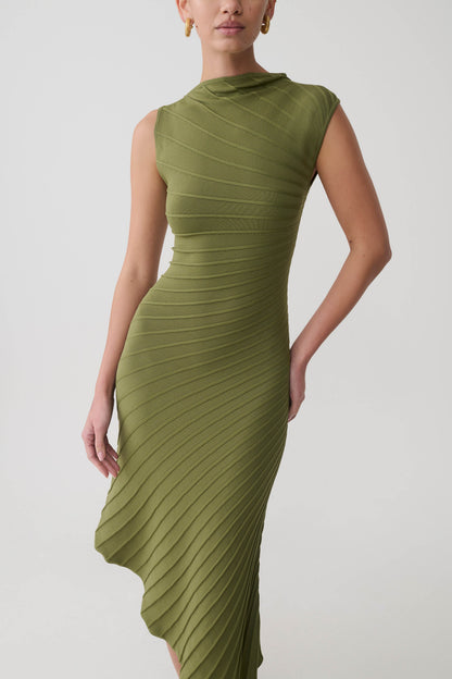 Milasandra Pleated Knit Dress Olive