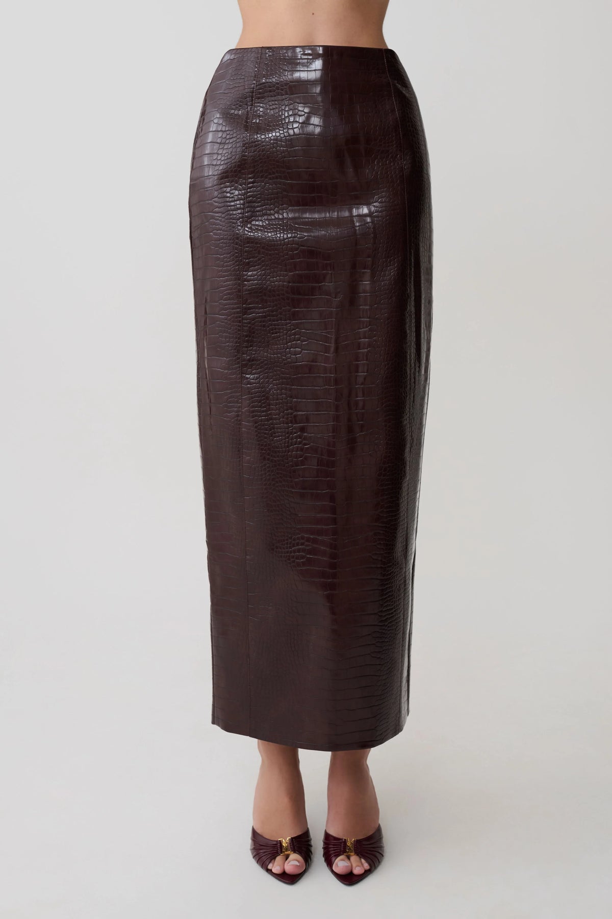 Thalia Croc Faux Leather Midi Skirt Merlot
