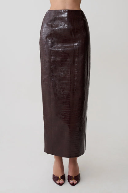 Thalia Croc Faux Leather Midi Skirt Merlot