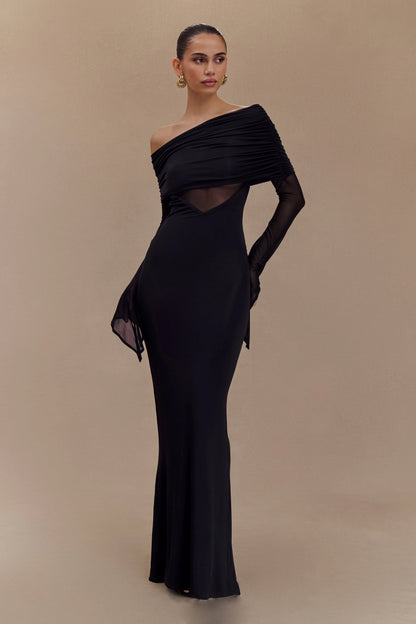 Kaitlin One Shoulder Slinky And Mesh Maxi Dress Black