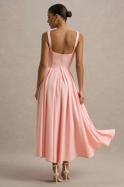 Parina Pink Strappy Volume Hem Midi Dress