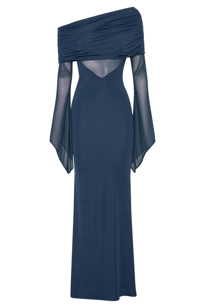 Kaitlin One Shoulder Slinky And Mesh Maxi Dress Midnight Blue