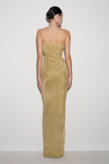 Shami Lurex Maxi Dress With Flowers Gold