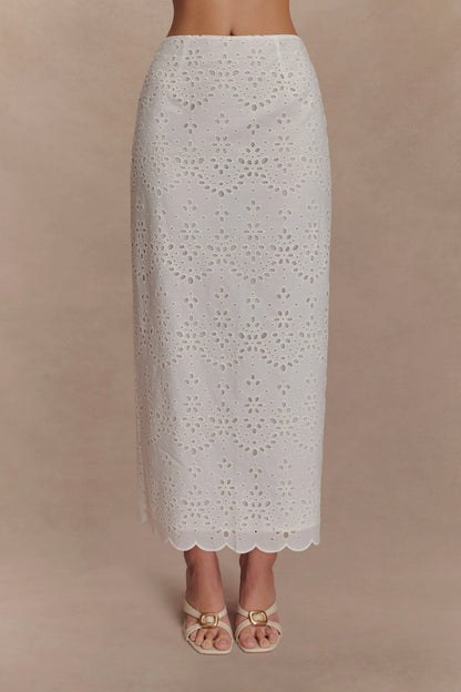 Kensley Broderie Midi Skirt White