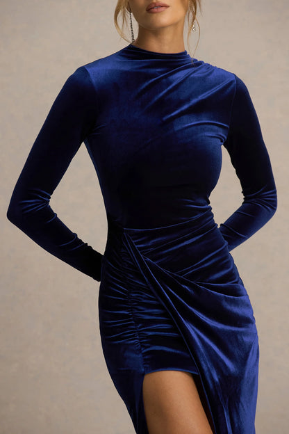Wishes Navy Velvet High Neck Maxi Dress With Wrap Skirt