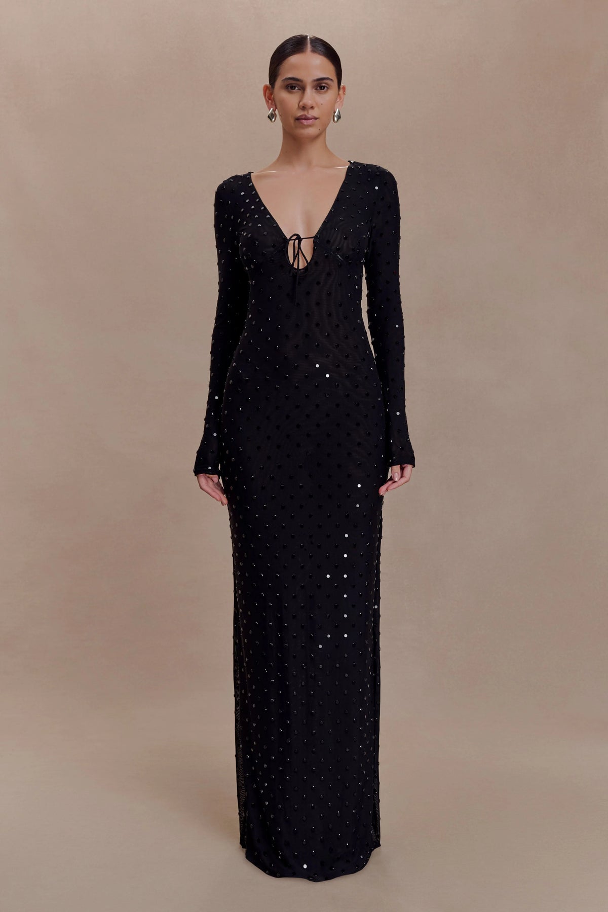 Acadia Diamante Long Sleeve Maxi Dress Black