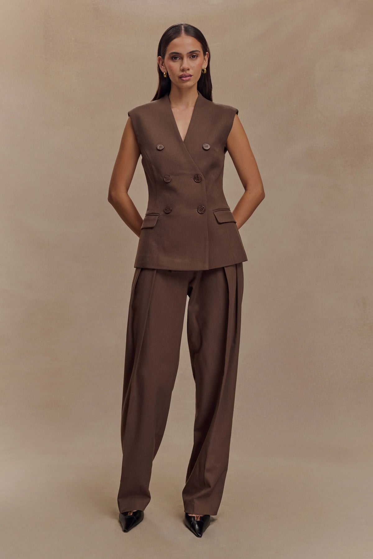 Penelope Pleated High Waisted Pants Chocolate