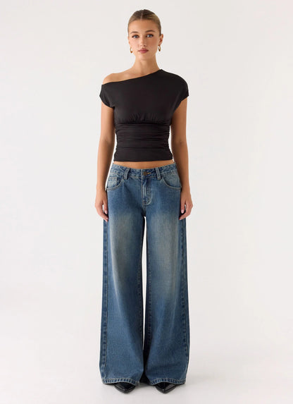 Neo Low Rise Wide Leg Denim Jeans Vintage Blue Bleach Wash