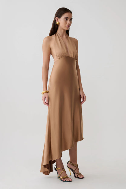 Adelie Asymmetric Hem Halter Midi Dress Cognac