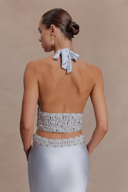 Clementine Chiffon Hand Beaded Top Pale Blue