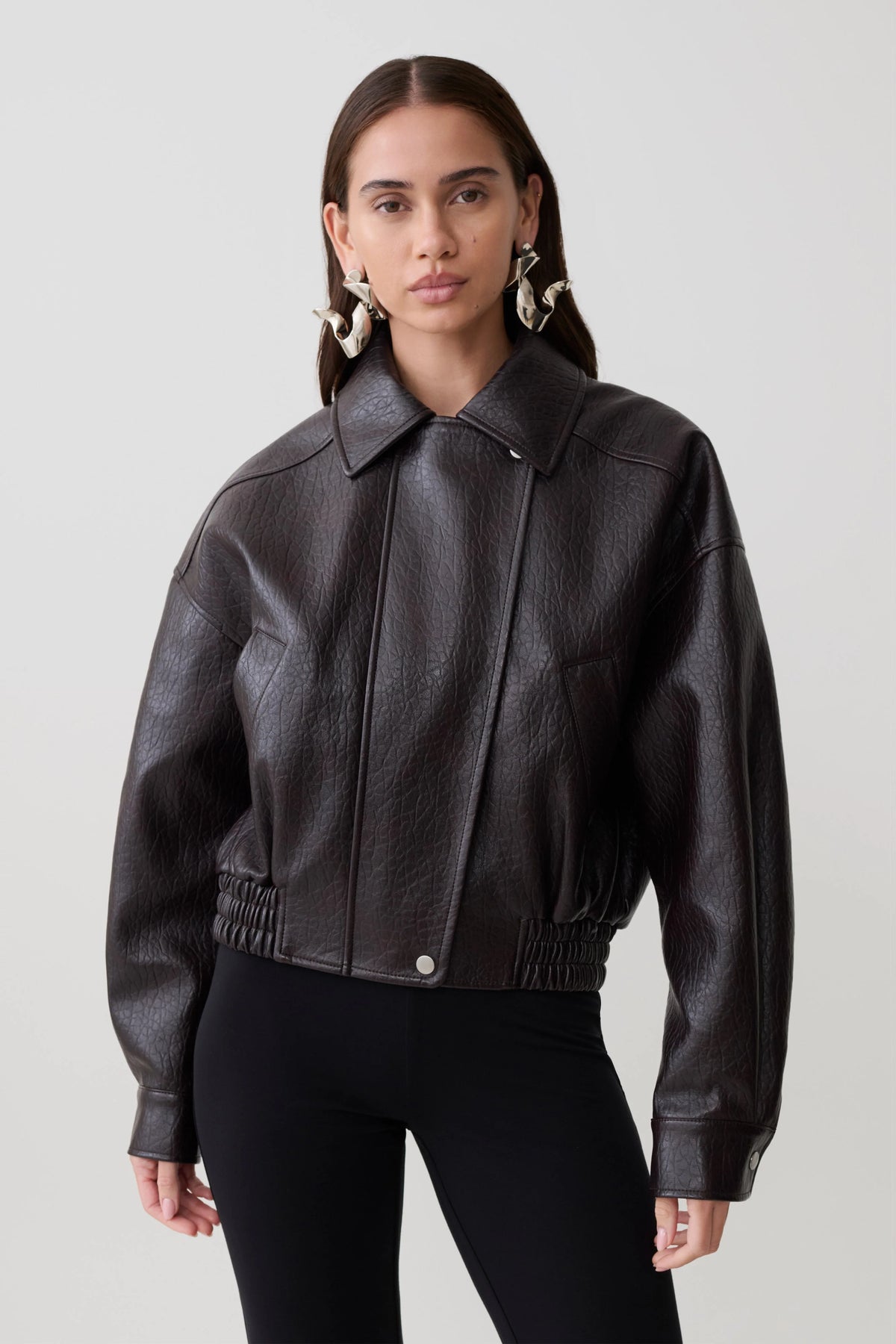 Paige Faux Leather Cropped Jacket Cherry Brown
