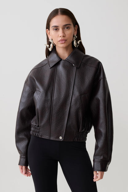 Paige Faux Leather Cropped Jacket Cherry Brown
