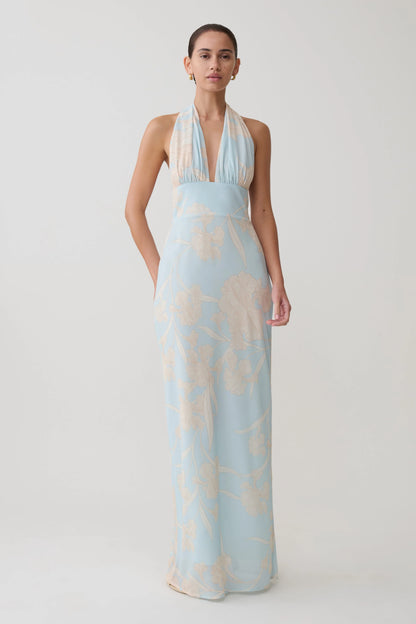 Nadine Halter Scarf Chiffon Maxi Dress Blue Floral Print