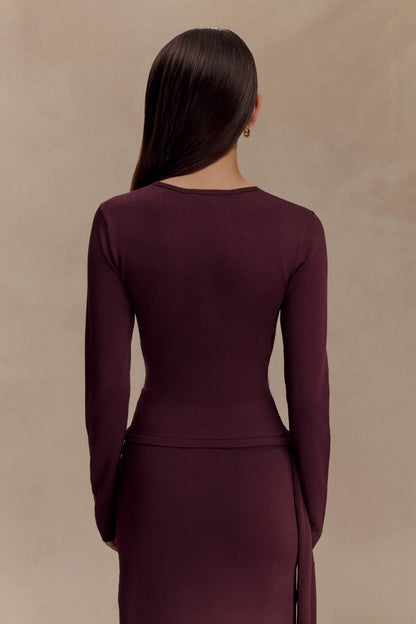 Miraby Front Ruched Knit Long Sleeve Top Dark Chocolate