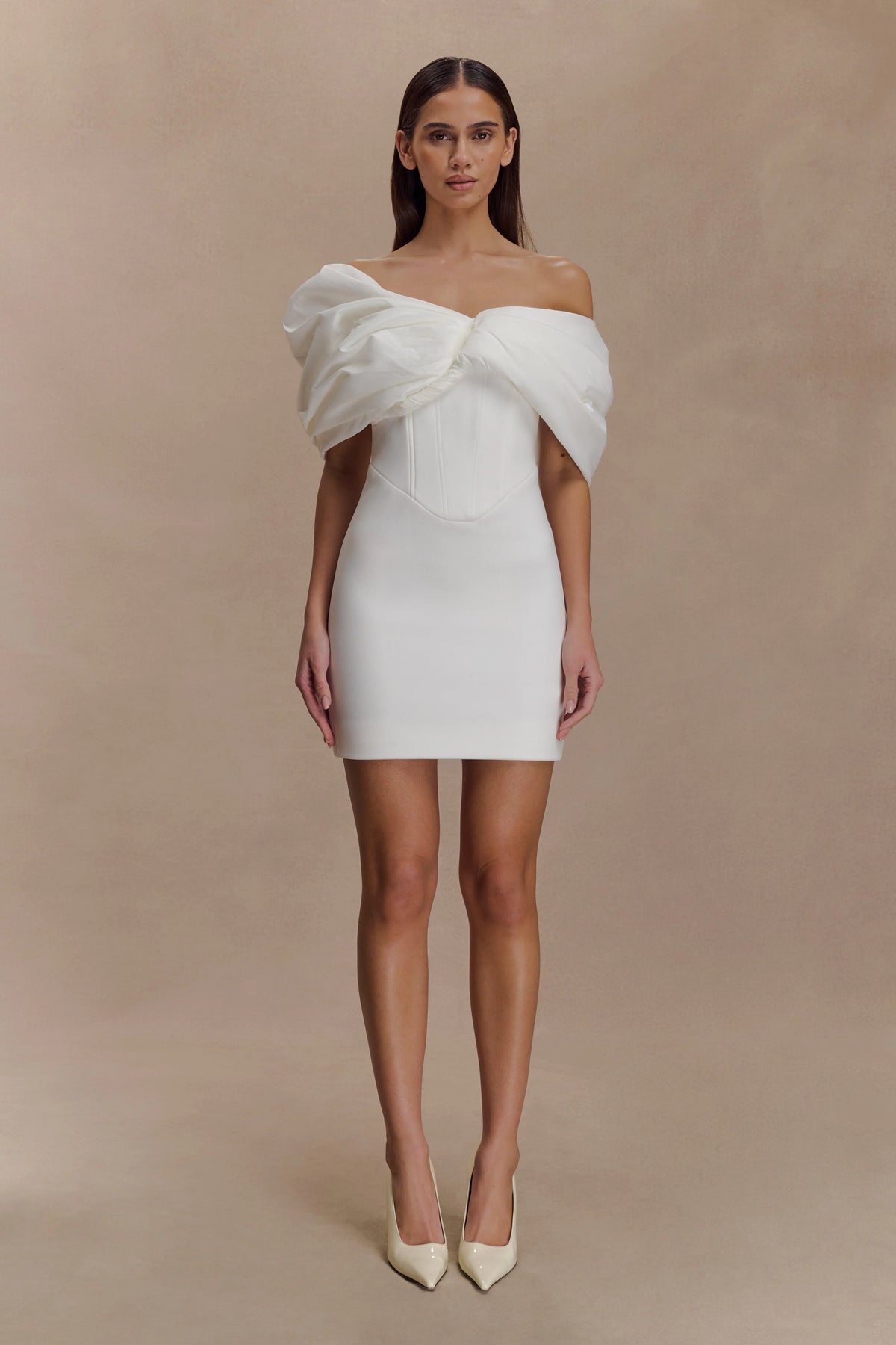 Aphrodite Off Shoulder Crepe Mini Dress Ivory