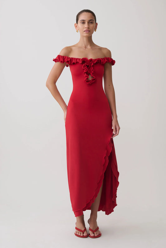 Allegra Off Shoulder Ruffle Midi Dress Ruby