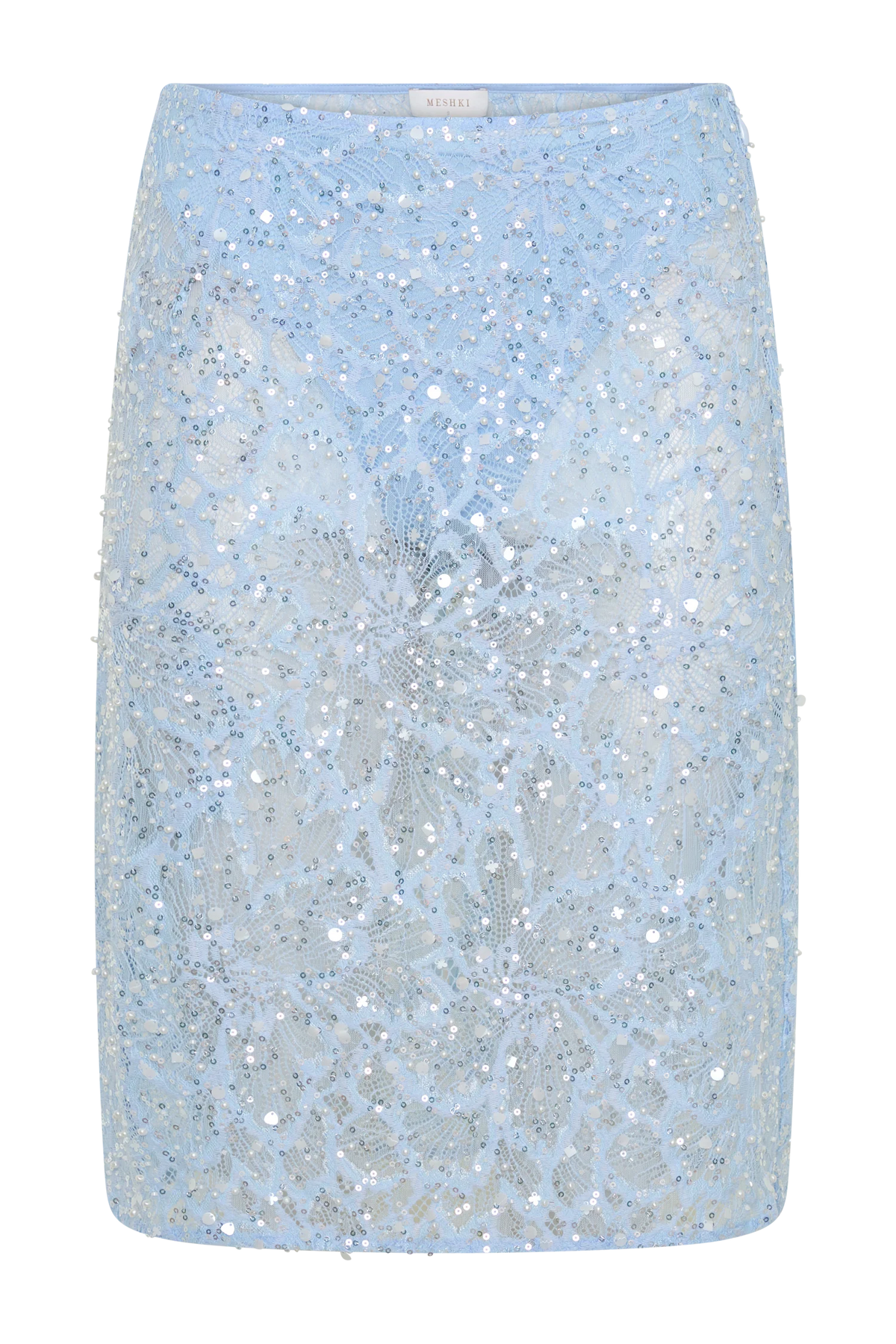 Kiara Pearl Beaded Midi Skirt Powder Blue