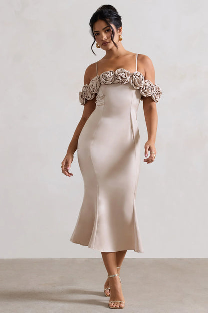 Petunia Champagne Satin Floral Bardot Midi Dress