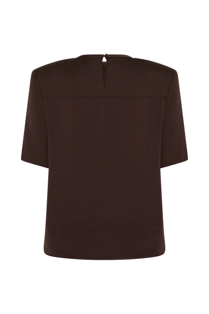 Harlyn Shoulder Pad Short Sleeve Satin Top Dark Chocolate