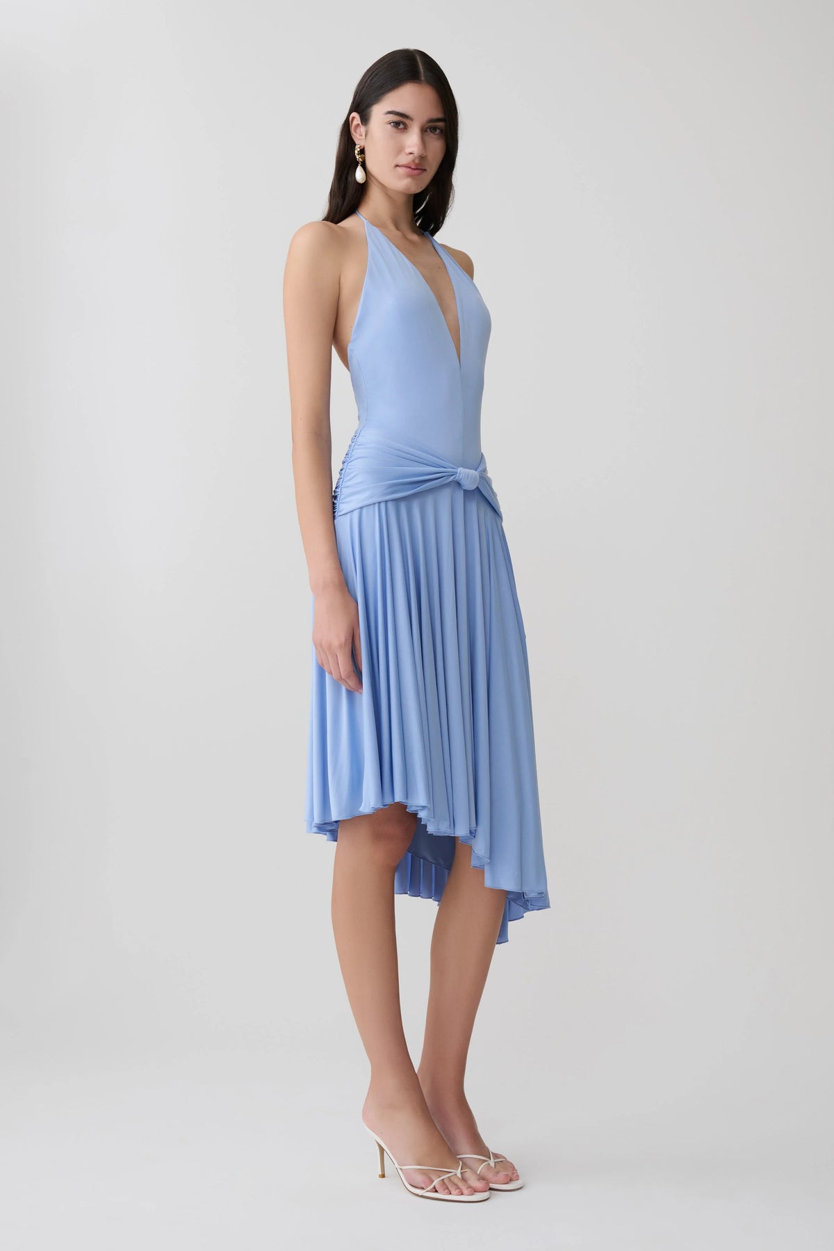 Zelda Asymmetric Slinky Midi Dress Cornflower Blue