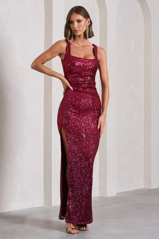 Yvonne Plum Sequin Open Back Bodycon Maxi Dress