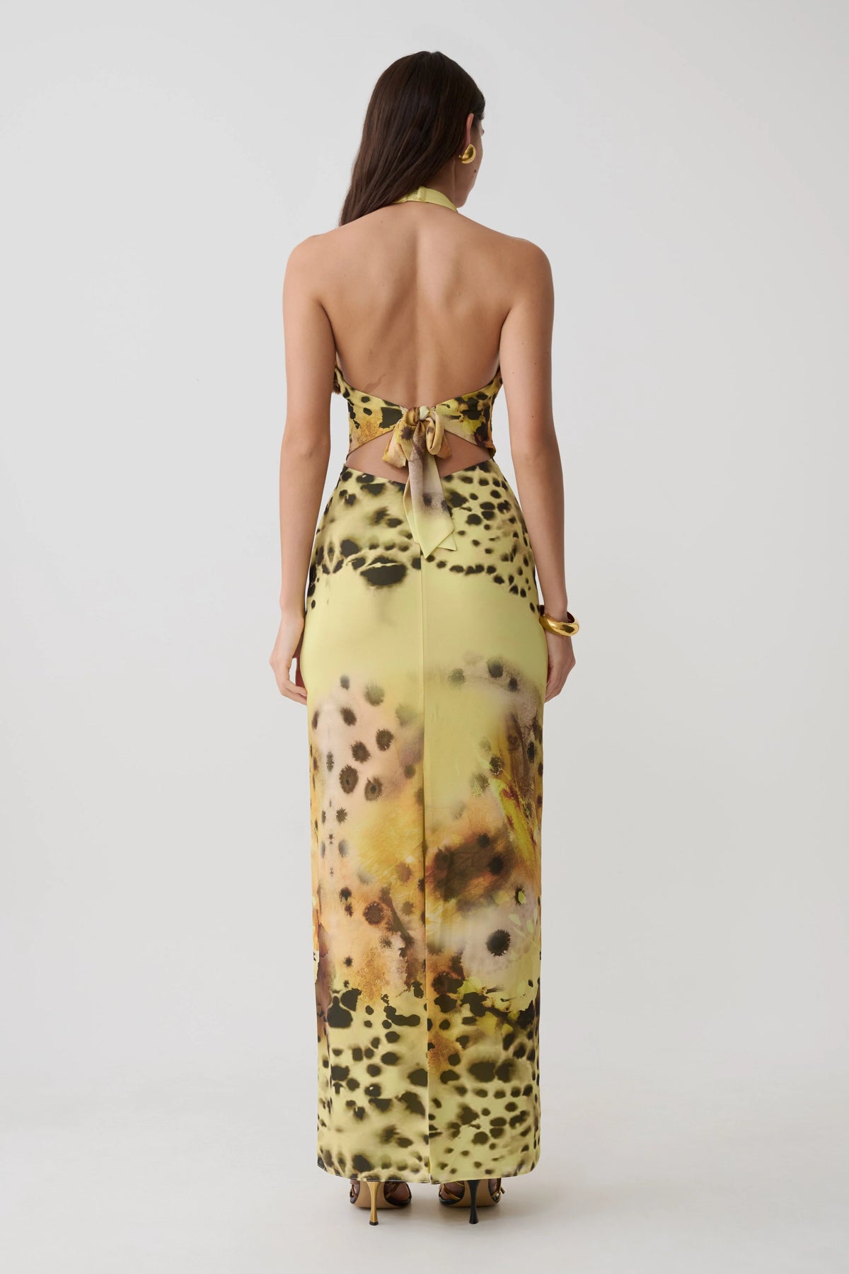 Valentina Chiffon Halter Maxi Dress Yellow Floral Leopard Print