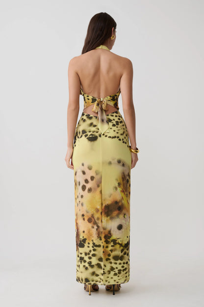 Valentina Chiffon Halter Maxi Dress Yellow Floral Leopard Print