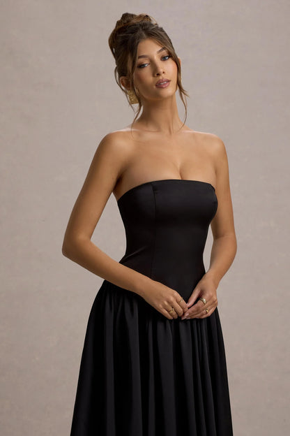 Keyton Black Satin Bandeau Midi Dress