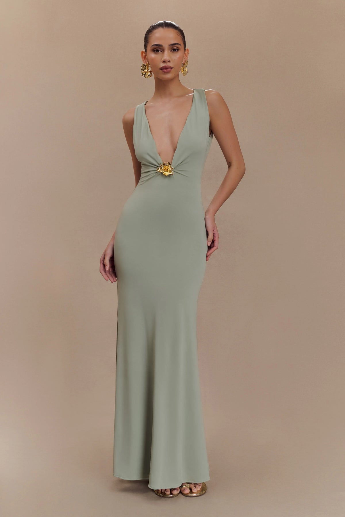 Beck Plunge Maxi Dress With Floral Hardware Basil