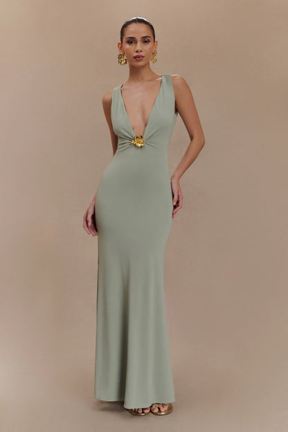 Beck Plunge Maxi Dress With Floral Hardware Basil