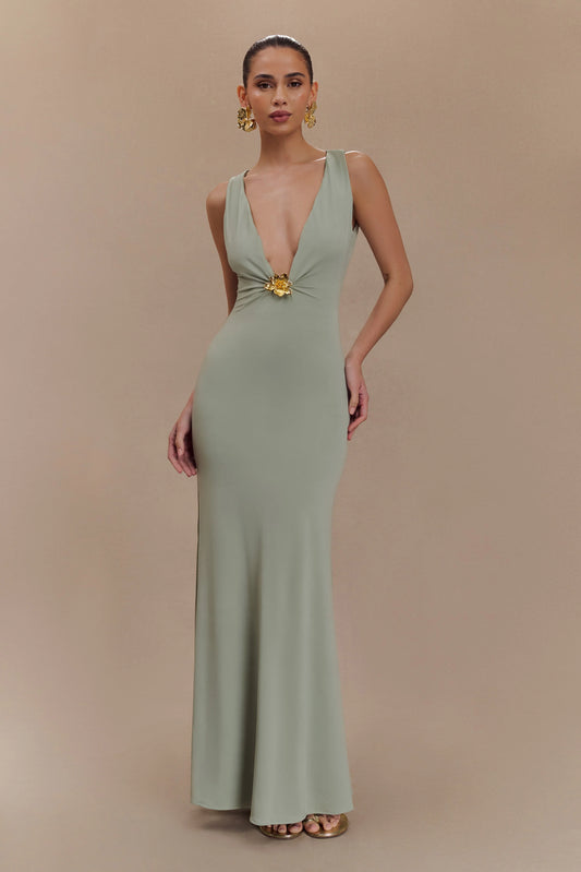 Beck Plunge Maxi Dress With Floral Hardware Basil