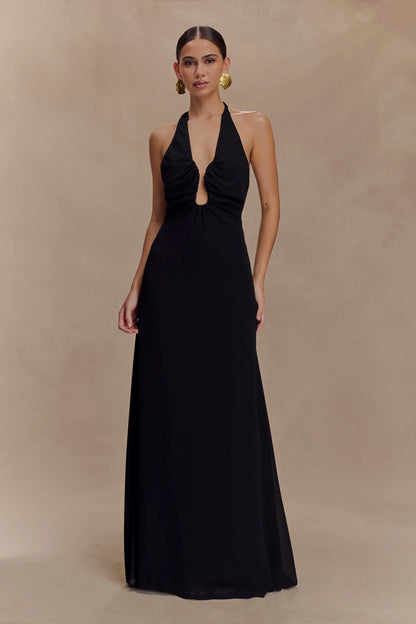Malakhai Chiffon Halter Maxi Dress Black