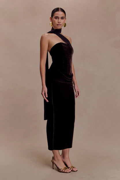 Mattea Velvet Midi Dress With Scarf Chocolate