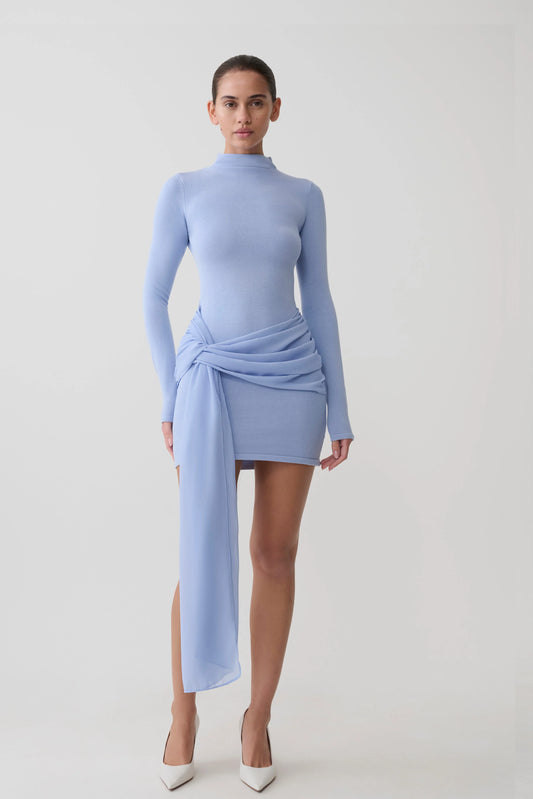 Grayson Knit Chiffon Mini Dress Cornflower Blue