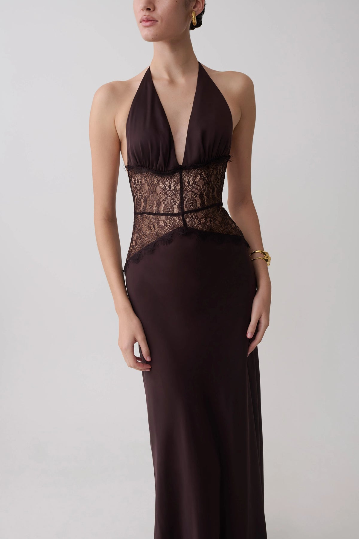 Dinah Lace And Satin Maxi Dress Chocolate