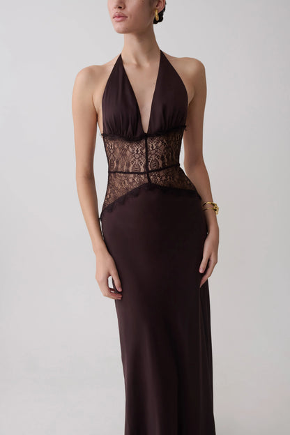 Dinah Lace And Satin Maxi Dress Chocolate