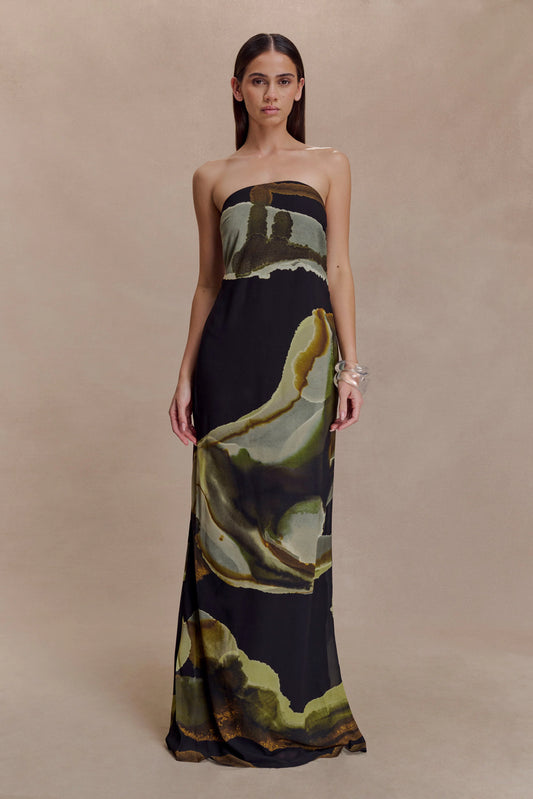 Amaya Strapless Chiffon Maxi Dress Green Fluid Reverie Print